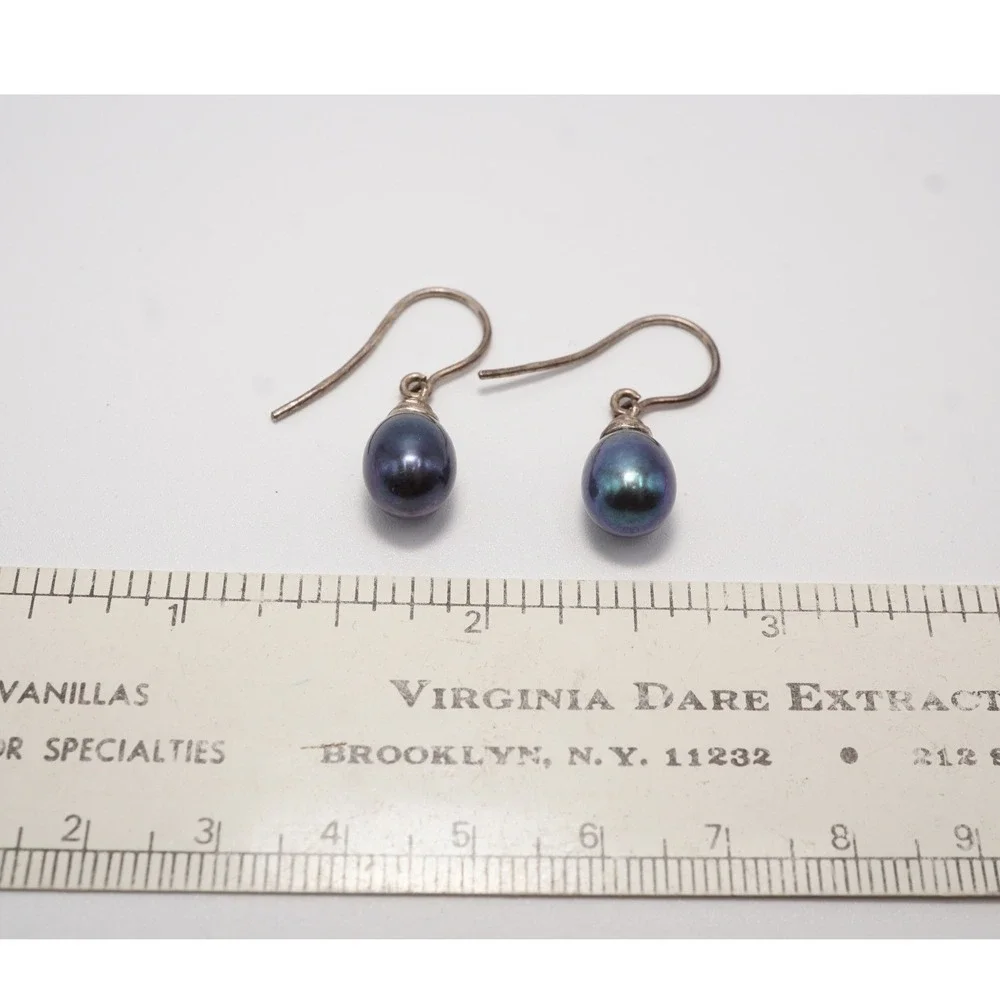 Sterling Silver Peacock Black Pearl Drop Earrings Iridescent Dangle French Wire